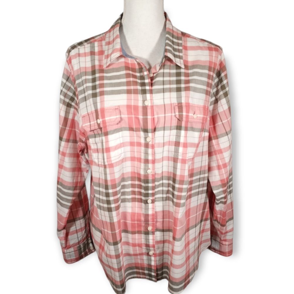 St. John's Bay Pink and Brown Plaid Button Down Shirt
